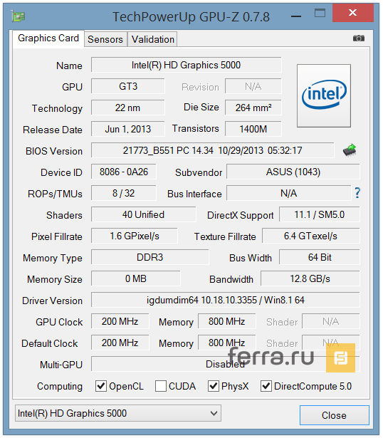 Характеристики Intel HD Graphics 5000