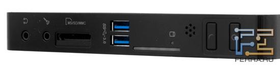 Передний торец Foxconn nT-A3500: аудио разъемы, карт-ридер, два USB 3.0
