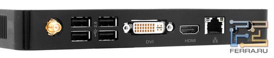 Задний торец Foxconn nT-A3500: четыре USB, DVI-I, HDMI, RJ-45, аудио выход, разъем питания