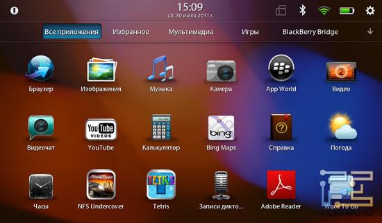 Список приложений в BlackBerry Tables OS