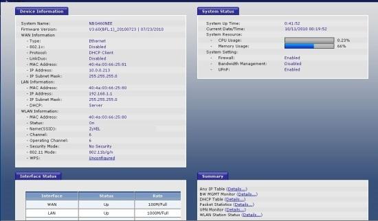 Экран текущего состояния выводит сразу все параметры Zyxel NBG460N, включая загрузку вычислительных ресурсов роутера