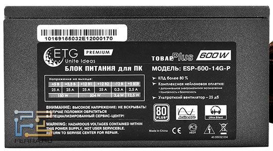 Паспортные данные блока питания