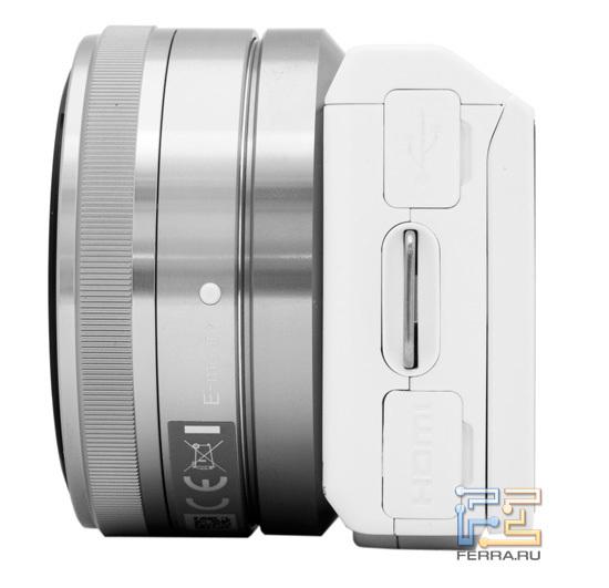 Левая сторона корпуса Sony NEX-5N, разъемы USB и HDMI