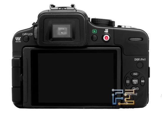 Lumix G3: вид сзади. Кнопки управления, сенсорный экран, электронный видоискатель