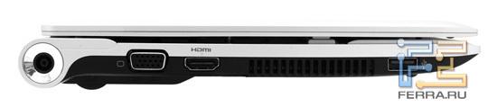 Левый торец Sony VAIO YB: разъем питания, D-SUB, HDMI, USB