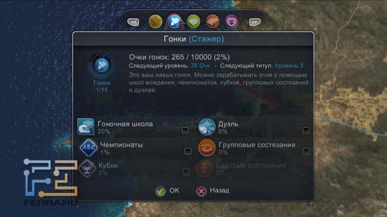 Test Drive Unlimited 2 — Увидеть прогресс в каждой области можно в специальном меню