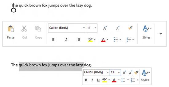 Сенсорная (сверху) и обычная (снизу) панели инструментов в Word 2013