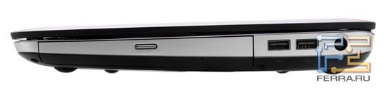 Правый торец HP Pavilion dm4-1300er: оптический привод, два USB, разъем питания