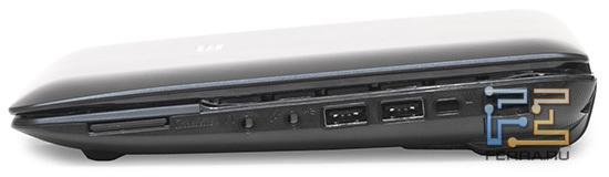 Правый торец ASUS Eee PC 1015PED: RJ-45, Kensington Lock, два USB, аудио разъемы, карт-ридер