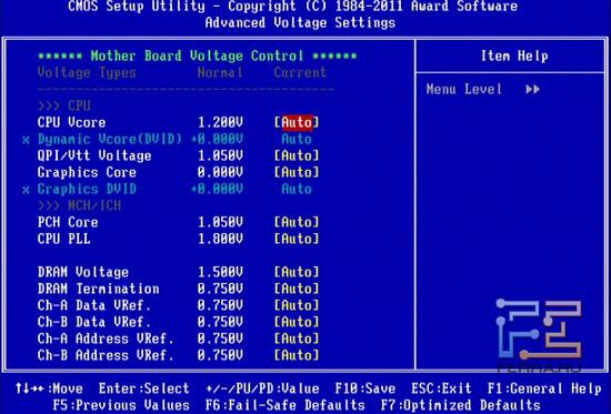 Настройки напряжений компонентов