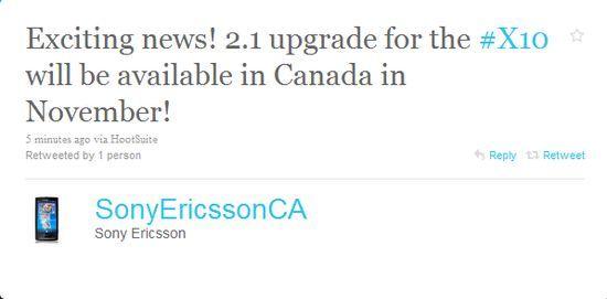 Твит официального канадского представительства. Обновление для XPERIA шагает по миру