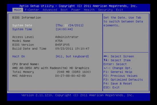 Главная страница BIOS