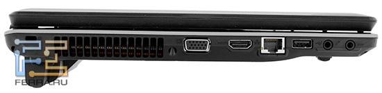 Левый торец Acer Aspire 5745DG: Kensington Lock, D-SUB, HDMI, RJ-45, USB, два аудио разъема