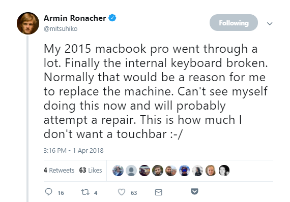 Мой MacBook Pro 2015 года повидал многое. Но в конце концов сломалась клавиатура. Обычно это достаточный поводом для меня взять новый ноутбук. Но лучше я всё-таки починю старый — так сильно я не хочу MacBook с тачбаром © Армин Ронахер