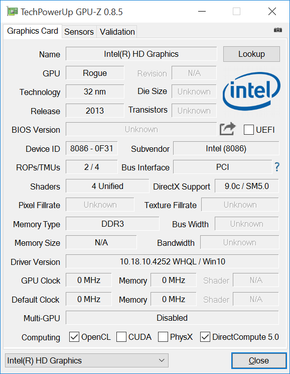 Характеристики графического ядра Intel Compute Stick