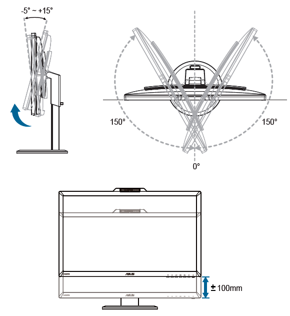 Углы поворота и наклона экрана ASUS VG278