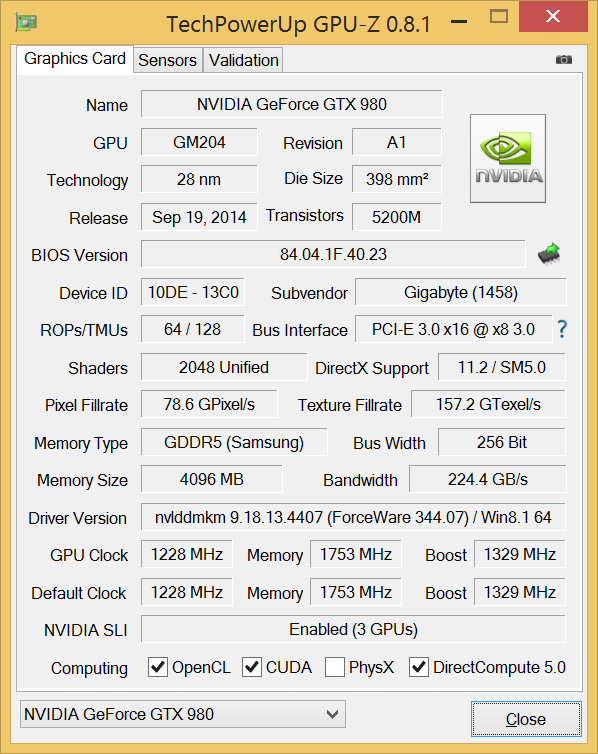 Скриншот GPU-Z набора GIGABYTE WATERFORCE (GV-N980X3WA-4GD)