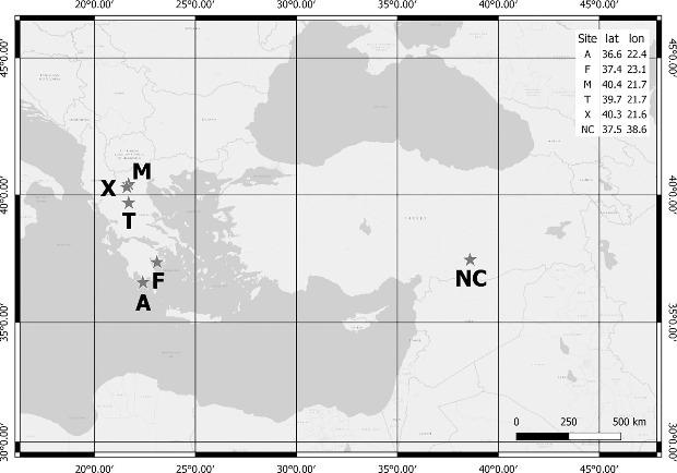 Местоположение памятников: M – Мавропиги; X – Ксиролимни; T – Теопетра; F – Франхти; A – Алепотрипа; NC – Невалы-Чори