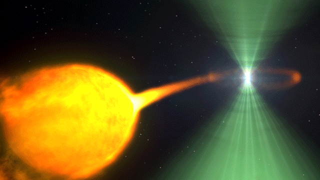 Как-то так выглядит аккреция нейтронной звездой (пульсаром) вещества обычной звезды