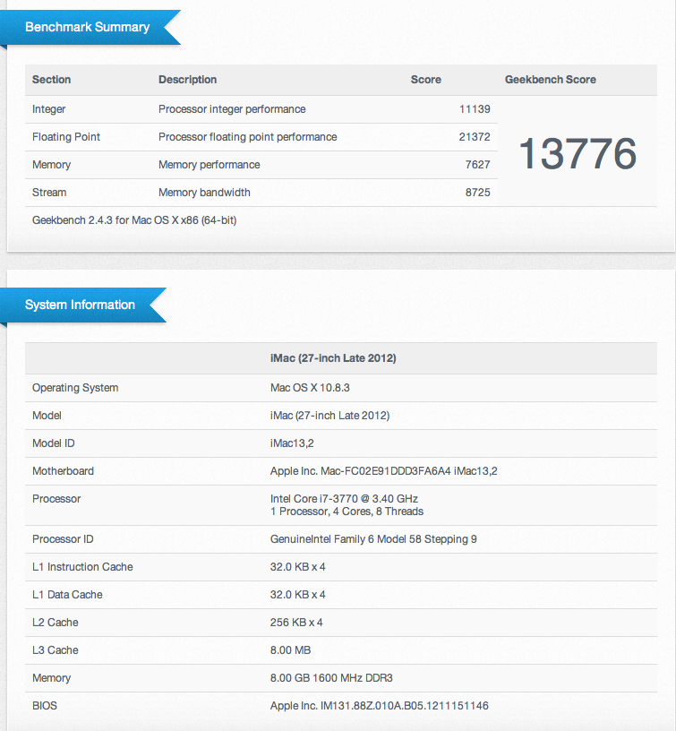 Общий результат тестов и системная информация из Geekbench