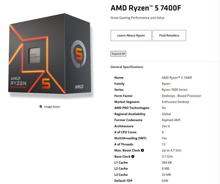 AMD без лишнего шума представила шестиядерный процессор Ryzen 5 7400F