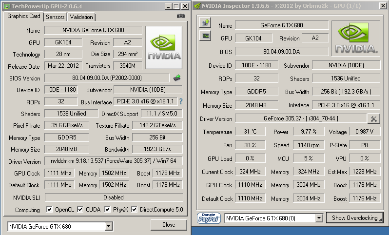 Характеристики видеокарты KFA2 GTX 680 EX OC в номинале