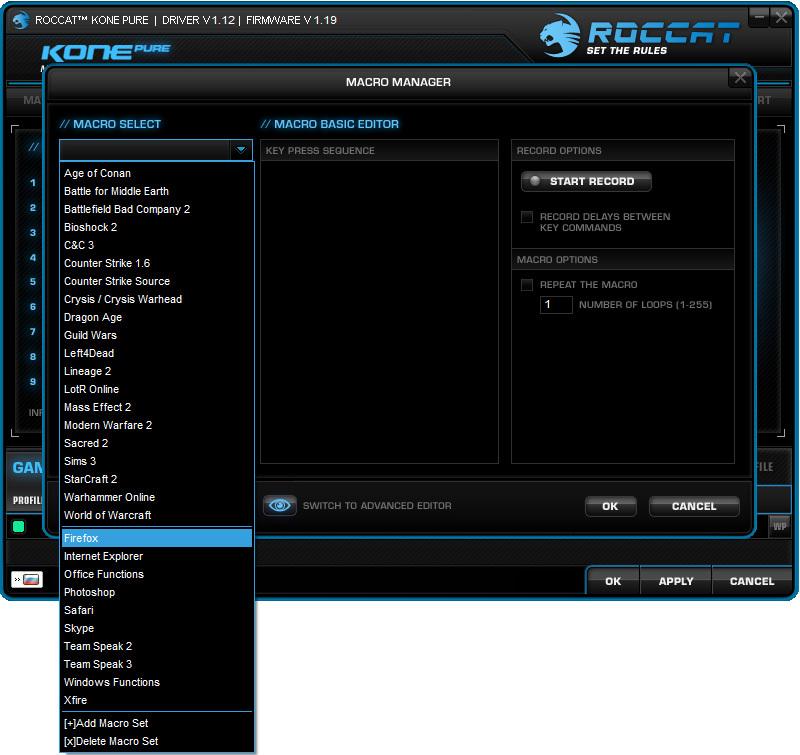 Меню создания макросов для ROCCAT Kone Pure