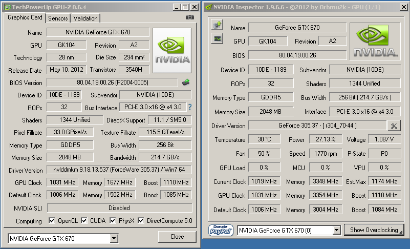 Характеристики видеокарты KFA2 GTX 670 EX OC в разгоне