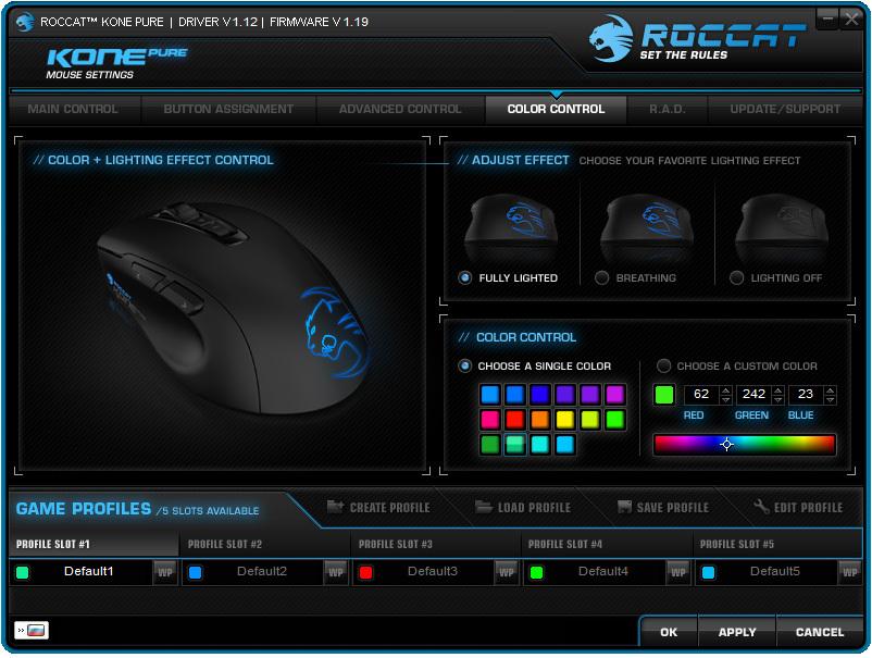 Вкладка Color control утилиты настройки ROCCAT Kone Pure