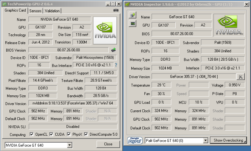Характеристики Palit GT 640 в номинале
