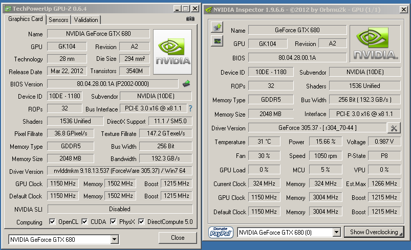 Характеристики видеокарты KFA2 GTX 680 LTD OC в номинале