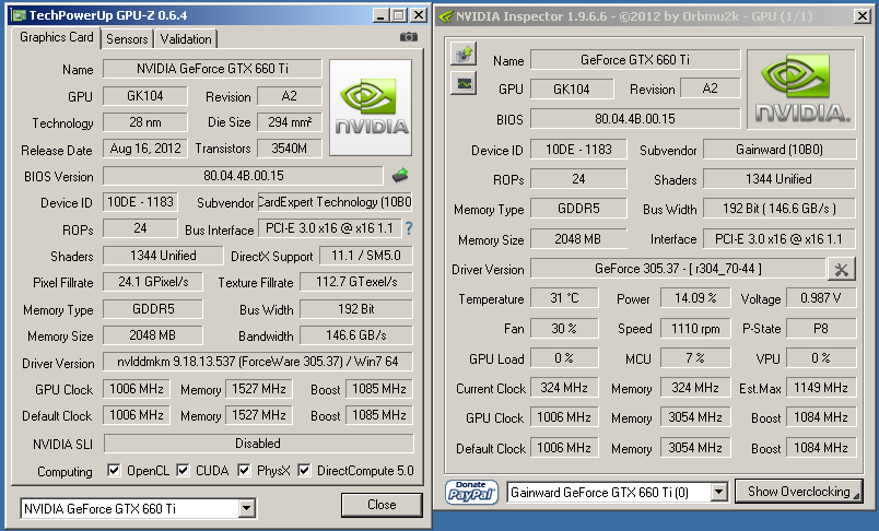Характеристики Gainward GTX 660 Ti Phantom в номинале