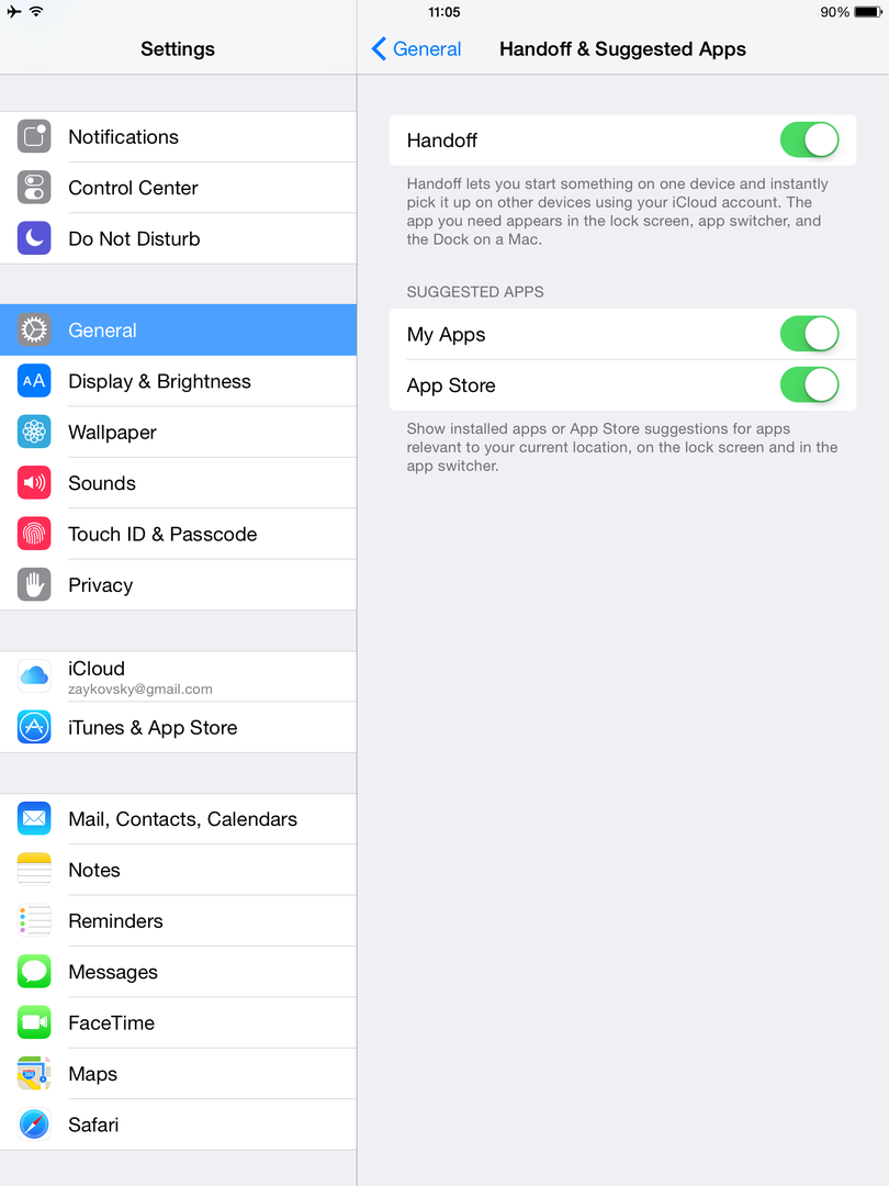 Включение Handoff в настройках iPad Air 2
