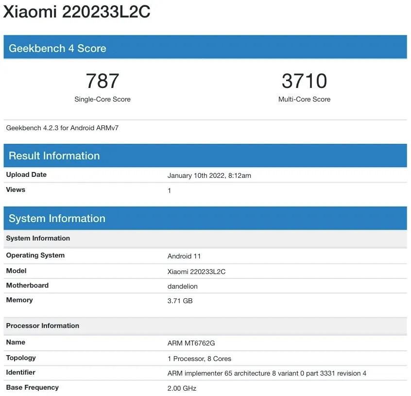 Новый сверхдешёвый смартфон Xiaomi Redmi 10A протестировали в Geekbench