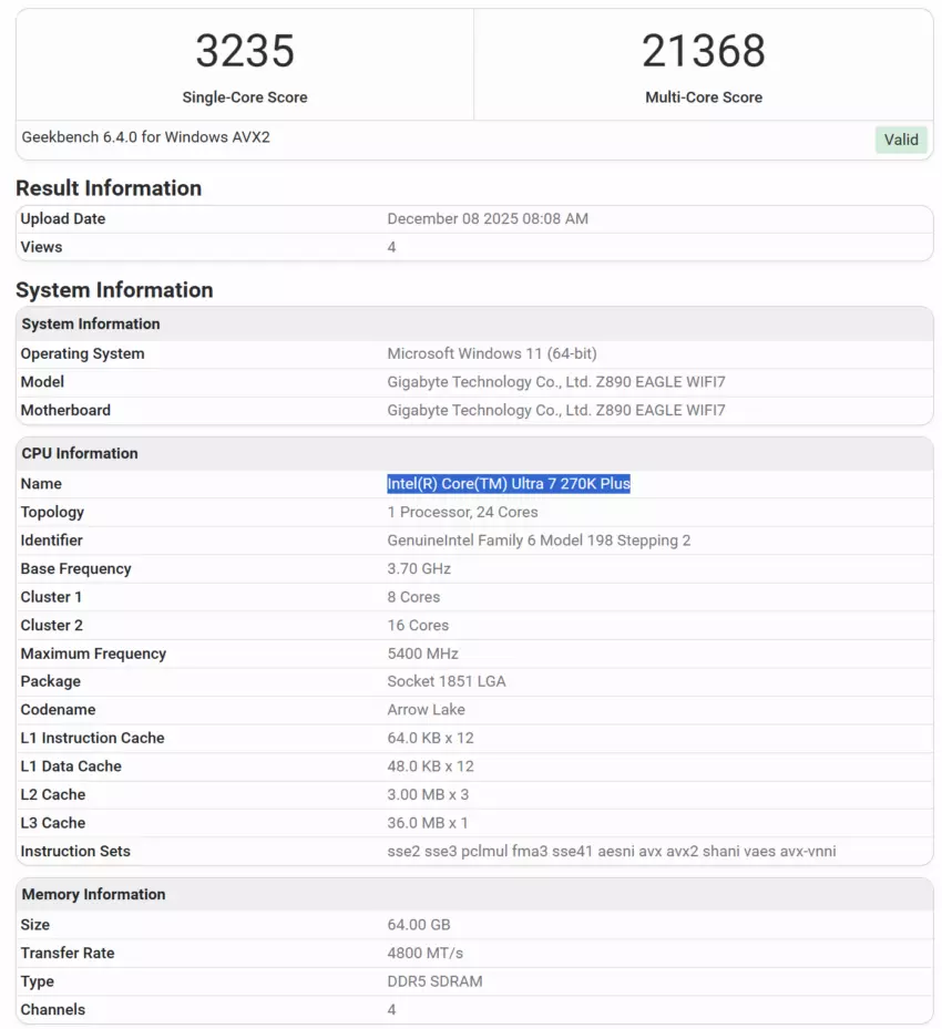 Intel Core Ultra 270K Plus засветился в бенчмарках — мощнее предшественника в пределах 5%