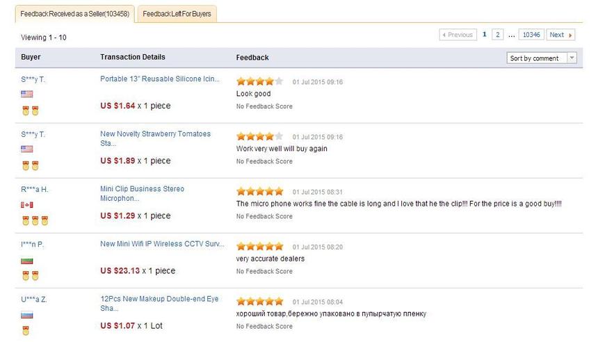 Список отзывов о продавце