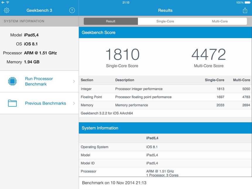 Результаты тестирования iPad Air 2 в GeekBench 3