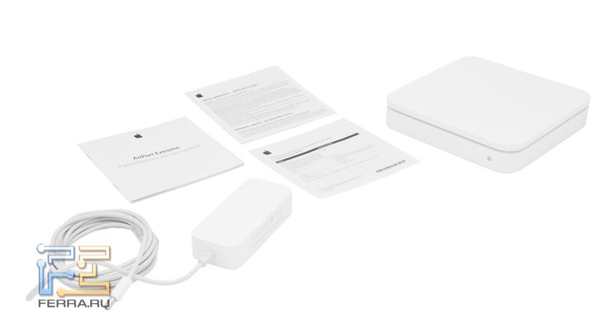 Airport Extreme. Коробка, и шнуры, и даже инструкции соответствуют неяркому бело-серому стилю Apple