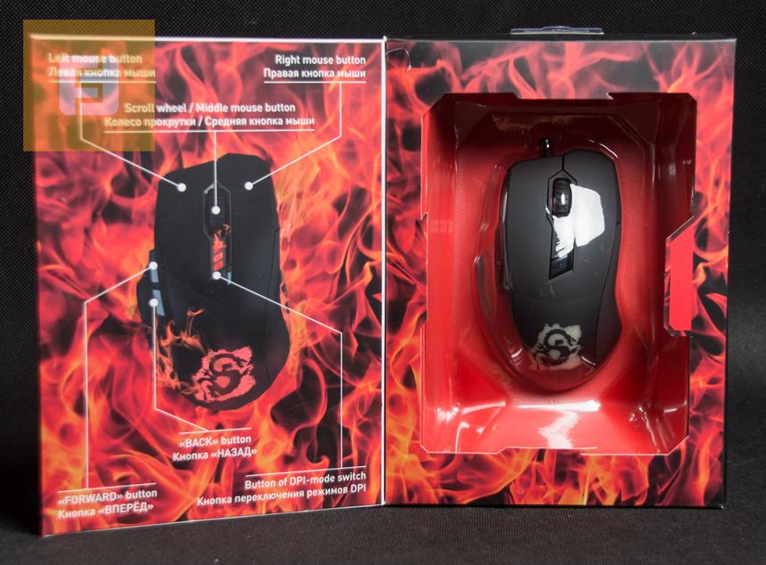 Мышь OKLICK 725G Dragon можно рассмотреть через прозрачное окошко