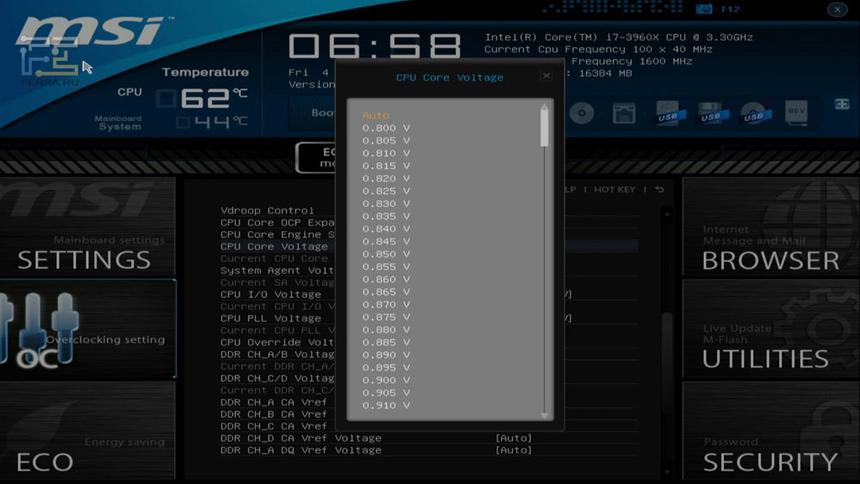 Меню выбора CPU Core Voltage