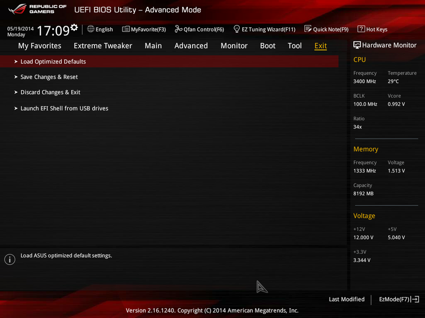 Меню выхода и сохранения настроек BIOS