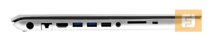 Левый край Sony SVF15A1Z2RS : DC in, RJ-45, HDMI, 2x USB 3.0, USB 2.0, мини-джек, кард-ридер SD, Kensington lock