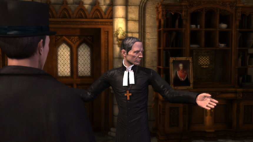 Деревянный священник за неимением лицевых мышц пытается выразить свое возмущение жестами