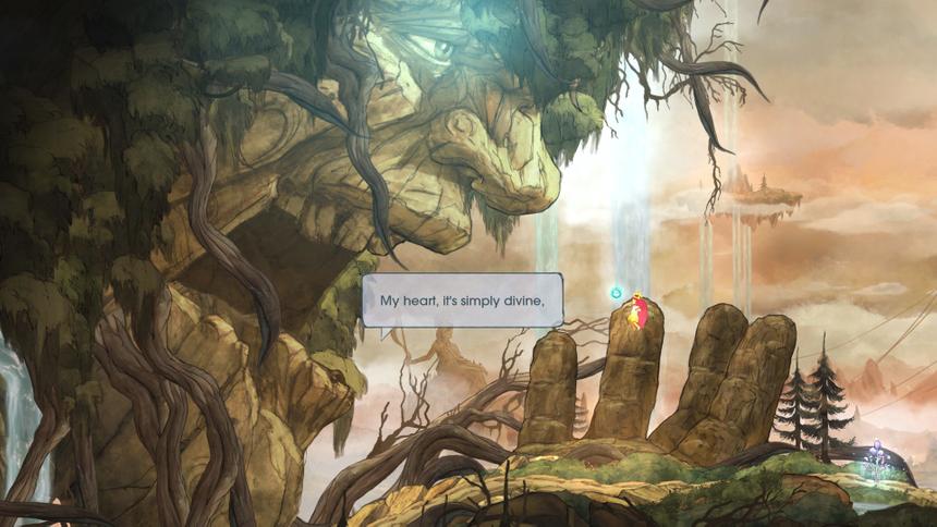 Диалог с гигантом, на спине которого расположен город мышей. Он поможет Авроре попасть в небесный город