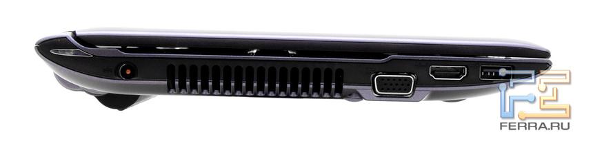 Левый торец ASUS U24E: разъем питания, D-SUB, HDMI, USB