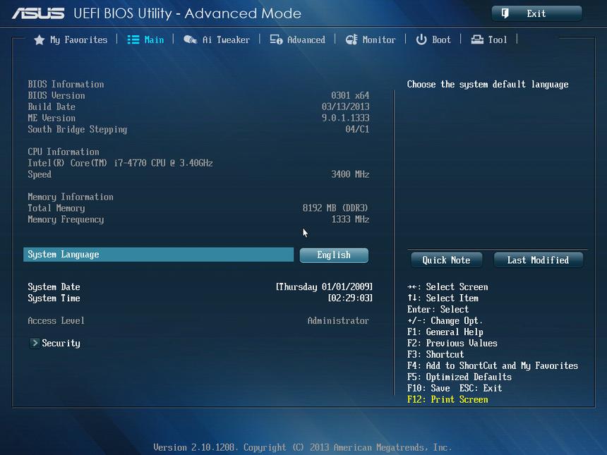 Вкладка Main ASUS Z87-K
