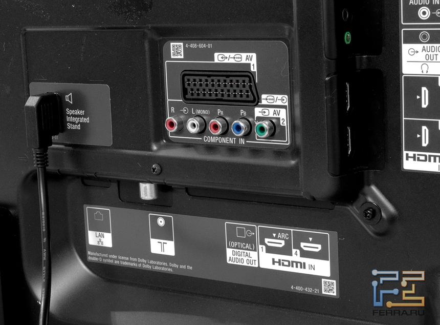 Нижние и задние порты Sony KDL-40HX853 (слева виден кабель, питающий аудиоподставку)