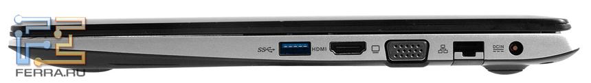 Правый торец ASUS VivoBook S300CA: USB 3.0, HDMI, D-SUB, RJ-45, разъем питания