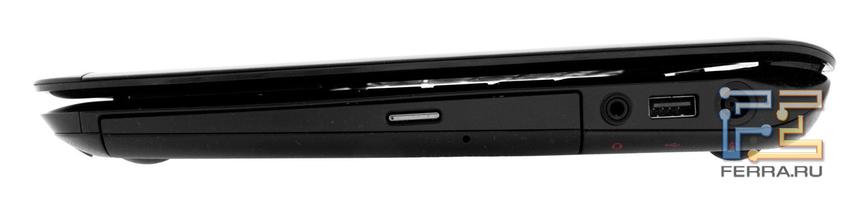 Правый торец HP Pavilion dm4-3000er: разъем питания, один USB, оптический привод