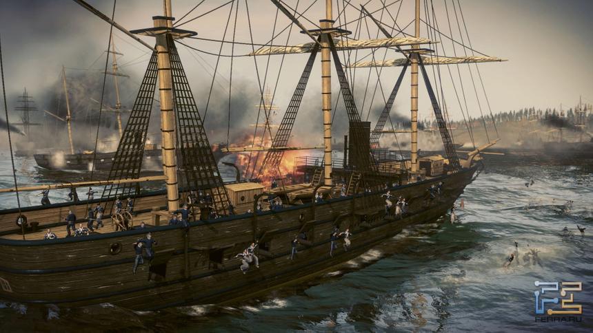 Люди спешат покинуть обреченный галеон, самураи в национальных нарядах смотрятся комично